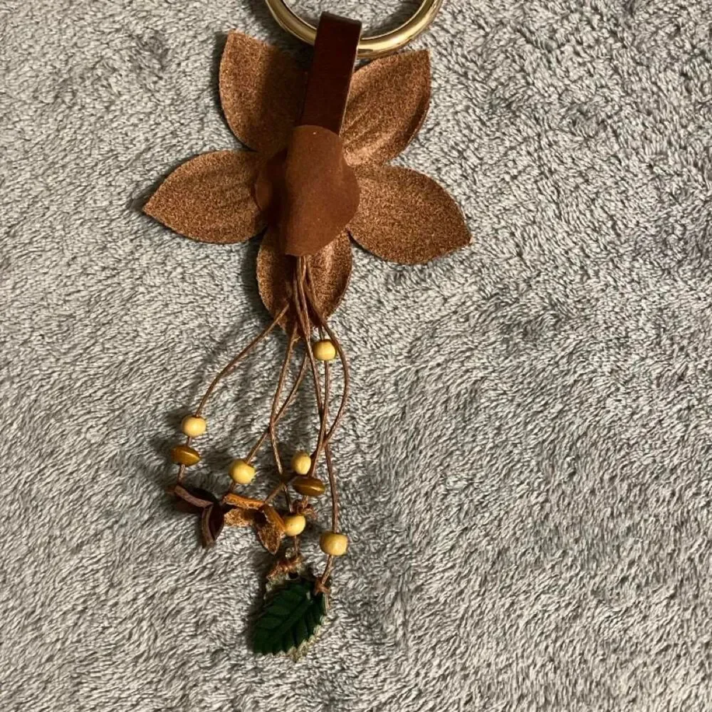 NWT Brown Flower Tassel Keychain Bag Charm with Flowers and Leaves